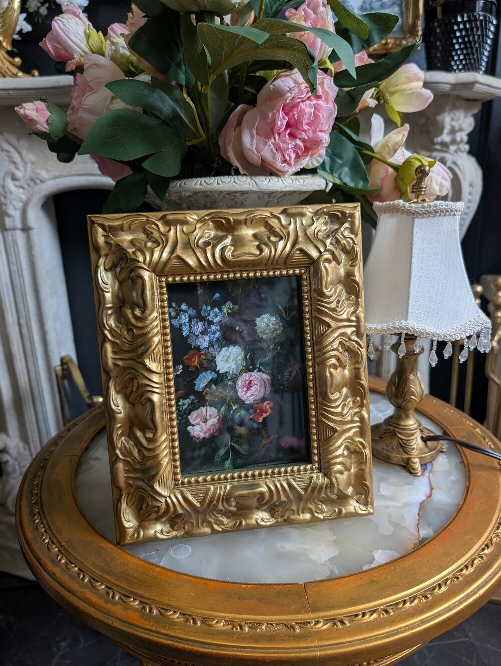 Vintage Gold Ornate Heavy Ceramic Photo frame w/ vtg Style Floral Prin